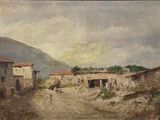 painting of a dirt road with buildings and a mountain in the background