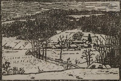 une image représentant un dessin d'un paysage enneigé avec une maison au loin