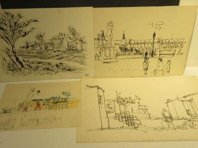 three drawings of people in a park with a swing and a tree