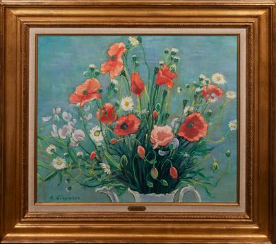 une peinture à l'huile représentant un vase de fleurs sur fond bleu