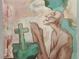 an image of a painting of a man praying in front of a cross