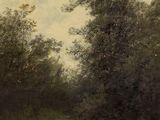 l'image d'une peinture représentant une rivière avec des arbres en arrière-plan