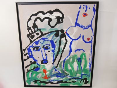 painting of a woman and a dog in a room with a white wall