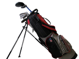 a picture of a golf bag and clubs on a tripod