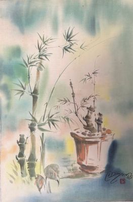 un tableau représentant une plante en pot posée sur un rebord de fenêtre