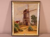an oil painting of a windmill on a shelf next to a wall
