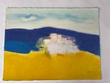 an abstract painting of a yellow field with a white house in the distance