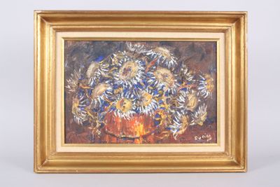 a picture of a painting of a vase with flowers in it