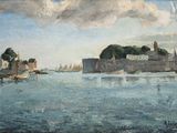 a painting of a harbor scene with boats in the water