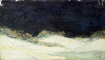 a painting of a black and white cow in a field