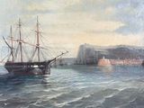 a painting of a ship in the water with a castle in the background