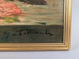 a painting of a bird sitting on a table next to flowers