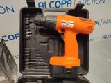 an orange cordless drill in a black case