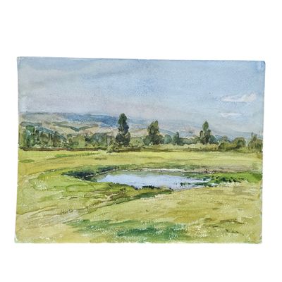 aquarelle représentant un champ avec un étang au milieu