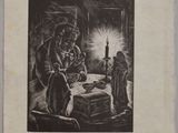 un vieux dessin en noir et blanc représentant un homme assis à une table devant une bougie