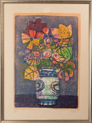an image of a painting of flowers in a vase on a table