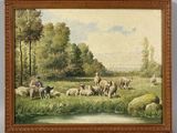 painting of a herd of sheep grazing in a field next to a stream
