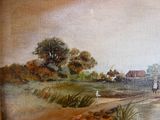 an oil painting of a man walking down a dirt road next to a body of water