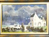 an oil painting of a white house on a beach with a blue sky in the background
