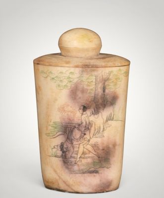 an image of a vase with a painting of a man riding a horse