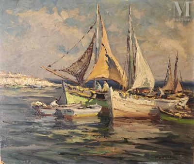a painting of boats on the water with a sky background