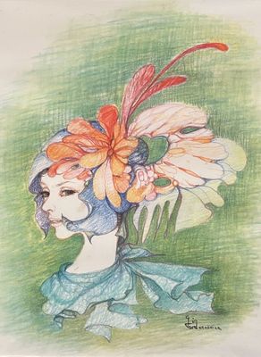 tableau représentant une femme avec une fleur dans les cheveux