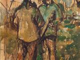 une peinture à l'huile représentant deux hommes debout côte à côte dans un champ