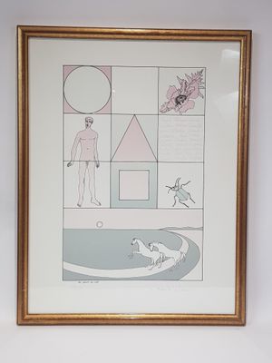 tableau représentant un homme et un chien dans une salle de bains avec un miroir