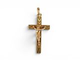 une croix dorée sur laquelle est représenté un crucifix, sur fond blanc
