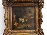 un vieux tableau représentant un cheval et d'autres animaux dans une écurie