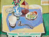 a painting of a table with a birdcage and a plate of food