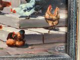 a painting of chickens sitting on the steps of a building