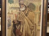 painting of a man in a turban holding a purse in a library