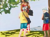 a painting of a group of people standing under a tree