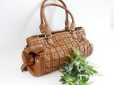 brown leather handbag on white background with green plant in foreground