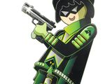 une figurine représentant une flèche verte tenant un pistolet, sur fond blanc
