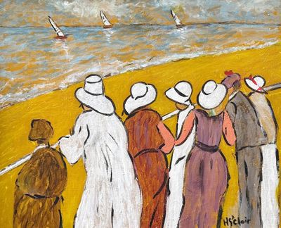 a painting of a group of people standing on a beach