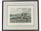 an old picture of a city with a bridge and a building