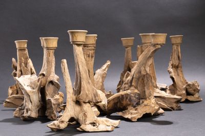 cinq vases fabriqués à partir de bois flotté