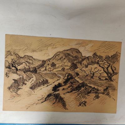 an image of a drawing of a landscape with trees and mountains in the background