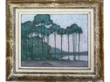 peinture représentant un paysage avec des arbres et un lac en arrière-plan