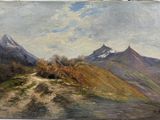an image of a painting of a mountain scene with a dirt road