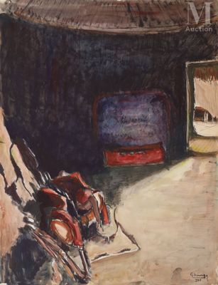 un tableau représentant un homme à vélo devant un téléviseur