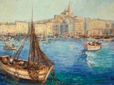 un tableau représentant un bateau sur l'eau, avec une ville en arrière-plan
