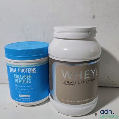 a bottle of whey next to a jar of whey