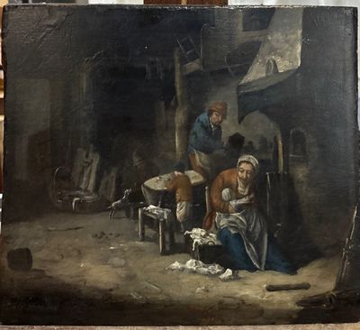 painting of a man and a woman in a kitchen with a dog