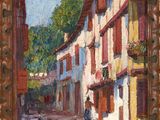 an oil painting of a woman walking down a street in front of a building