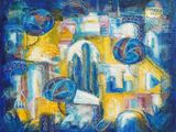painting of a blue and yellow abstract painting of a building