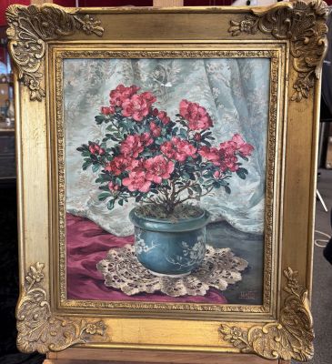 a painting of a vase of flowers on a table