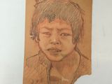 a drawing of a young boy with a sad look on his face